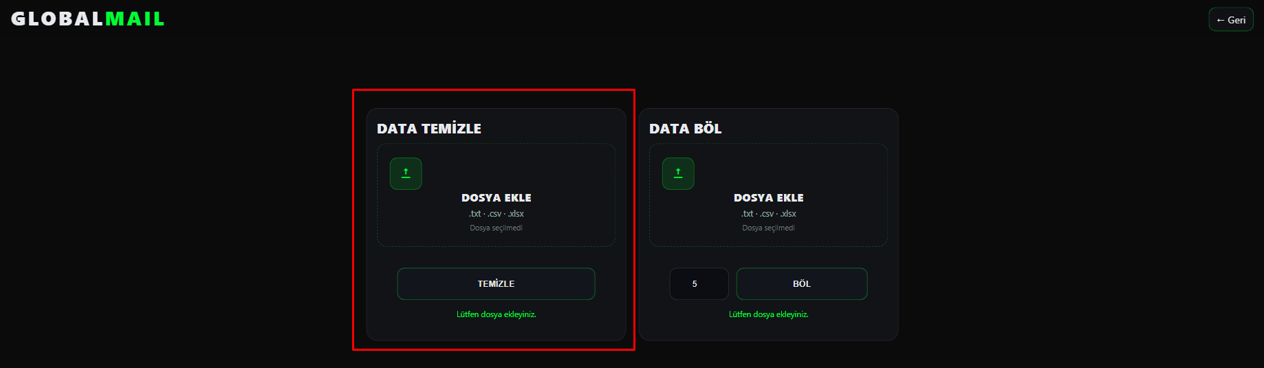 Data Temizleme Bölümüne CSV, Txt, Xlsx formatlarında dosyalarınızı karışık olarak ekleyebilirsiniz. Ekleme sonrası Temizle butonuna tıklayın ve işlemin bitmesini bekleyin