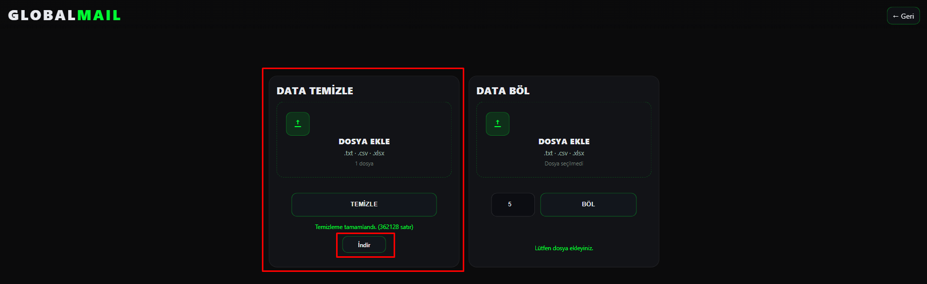 Temizleme işlemi bittiğinde indir butonuna basın ve temizlenmiş datanızı bilgisayarınıza indirin.